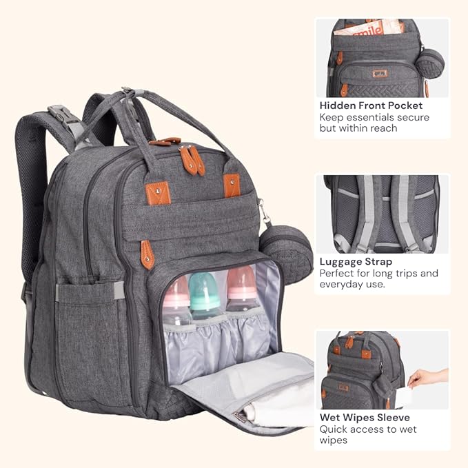 BabbleRoo Extra Large Diaper Bag Backpack, Expandable Baby Bag with Up to 50% More Capacity - Travel Essentials Baby Bag Tote with Changing Pad, Stroller Straps & Pacifier Case - Unisex, Dark Gray