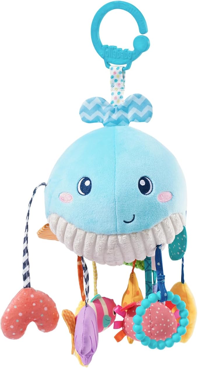Jollybaby Plush Stuffed Activity Pull String Hanging Toys for Stroller Car Seat Crib or Gym, Montessori Sensory Carseat Toy for Baby 0-3-6-12-18 Months, Whale Toy for Infant Baby Boy Girl Gifts