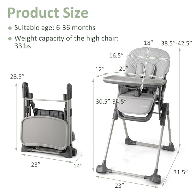 INFANS Baby High Chair, Convertible Quick Folding Portable Highchair for Babies and Toddlers with Adjustable Height Backrest Footrest 2 Wheels Removable Tray, Easy to Clean PU Seat (Grey)