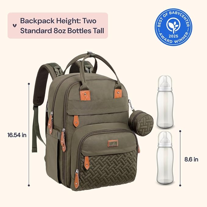 BabbleRoo Diaper Bag Backpack - Baby Essentials Travel Tote - Multi Function Water Resistant Diaper Bag, Travel Essentials Baby Bag with Changing Pad, Stroller Straps & Pacifier Case - Army Green