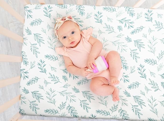 Nursery Sheets - 4 Pack Sage Green Fitted Breathable Unisex Baby Sheets with Leaf and Flower Design for Mini Crib