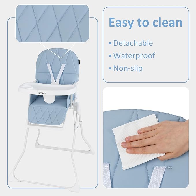 INFANS Baby High Chair, Quick Folding Portable Highchair for Babies and Toddlers with Adjustable Footrest Removable Dishwasher Tray PU Seat, Compact Highchairs for Baby Age 6-36 Months (Blue)