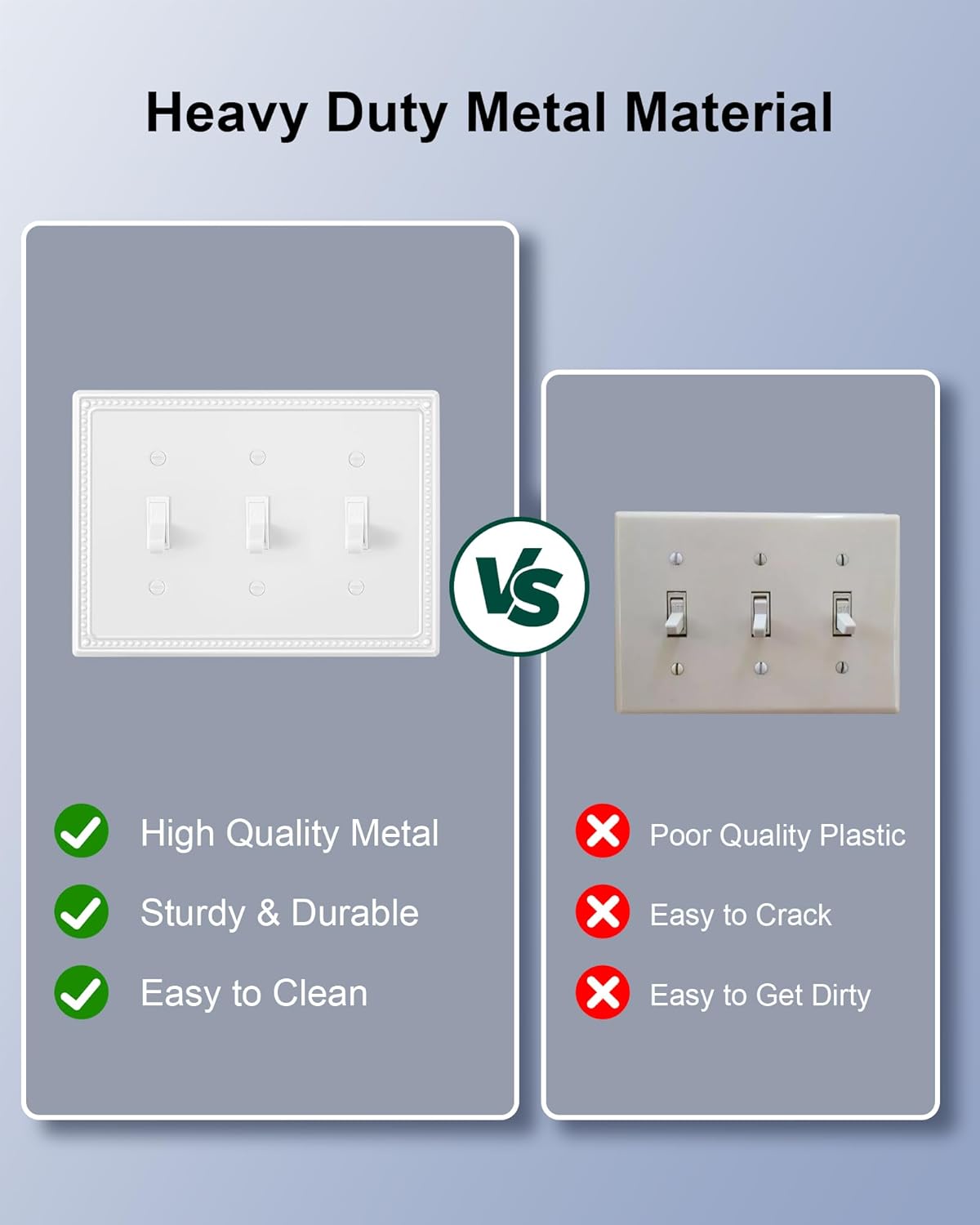 2-Pack Triple Toggle Light Switch Cover Plate, Pearls Decorative Switch Plate Covers, Pure White 3 Gang Metal Wall Plate, Corrosion Resistant