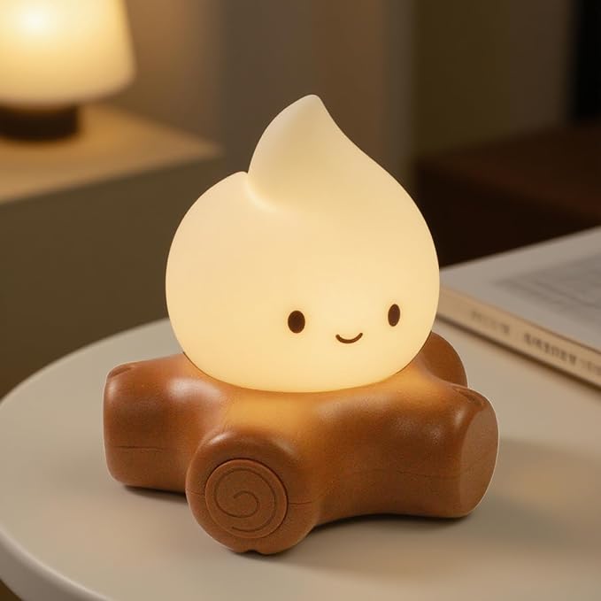 Cute Fake Campfire Lamp with White Noise, 5 Soothing Sounds & Flickering Flame Light, Rechargeable Portable Night Light for Sleep, Relaxation, Camping Decor & Gifts (White Noise Version)