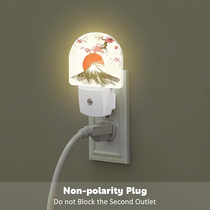 Cherry Blossoms Sun and Mountain Night Light Plug into Wall, Watercolor Ink Painting Dusk to Dawn Night Light,0.5w Energy Saving Friendly Nightlights for Kids Boys Girls Home