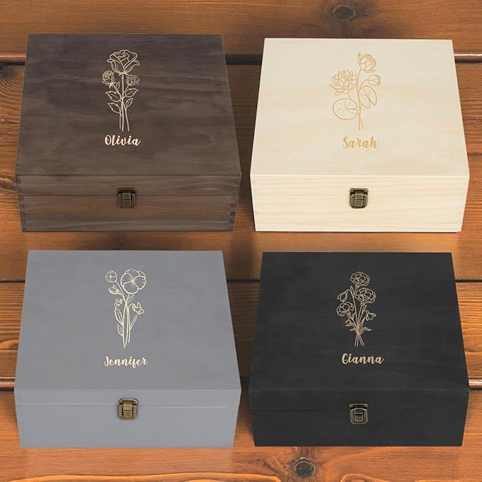 Personalized Birth Flower Memory Box Custom Engraved Wooden Keepsake Chest with Floral Design - Storage Boxes for Jewelry Photos Memento Keepsakes Customized Gifts for Women Birthday Mother's Day