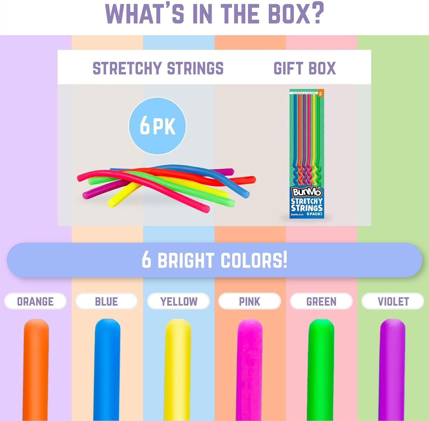 BUNMO Stretchy Strings - Sensory Toys for Toddlers 1-3 - Stimulating & Addictive Sensory Toys for Kids with Autism - Fidget Toy for Anxiety & Stress Relief - Hours of Fun for Kids - Smooth 6pk