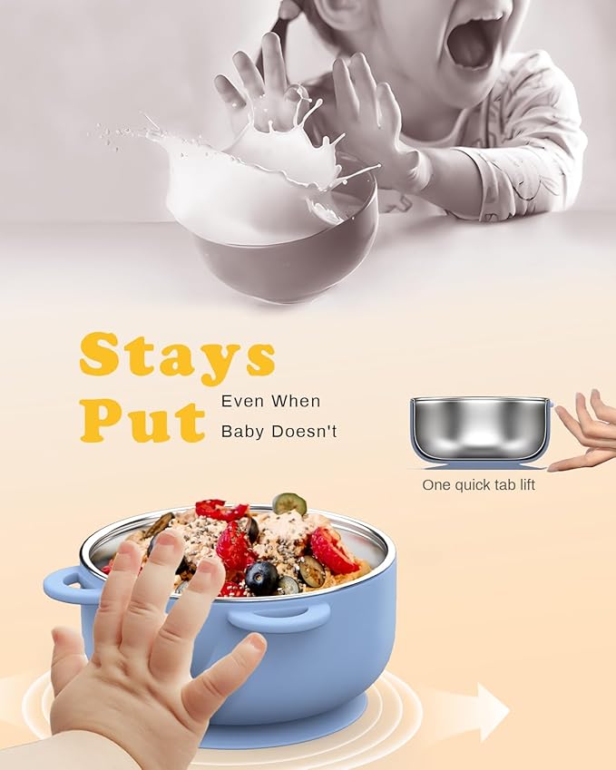 Baby Suction Bowls with Lids 4-Pack, 2-in-1 Stainless Steel 304 Toddler Bowl & Removable Silicone Suction Kids Bowl Plate Set Non Toxic Snack Dishes for Self-Feeding, Twilight Meadow