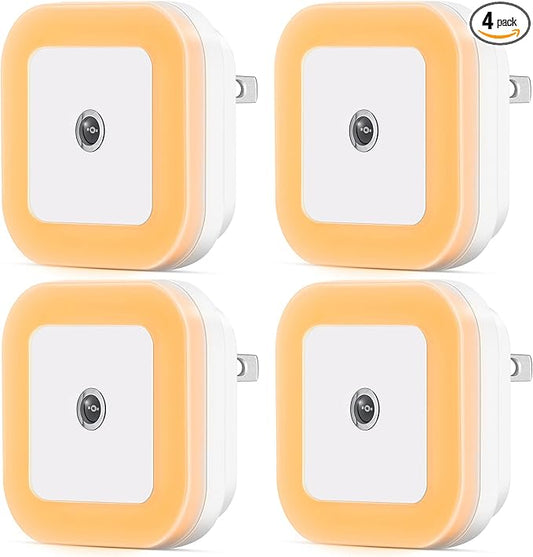 Dimmable LED Night Light with Dusk-to-Dawn Sensor for Nursery, Kids Room, Bedroom, Hallway, Stairs, Bathroom, Kitchen, Warm White, Pack of 4