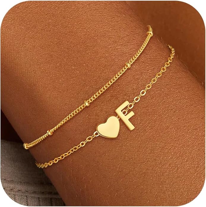 Gold Initial Bracelets for Women Girls - 14K Gold Plated Heart Initial Bracelet Teen Girl Gifts Trendy Stuff Dainty Gold Bracelets for Women Girls Trendy Jewelry Gifts