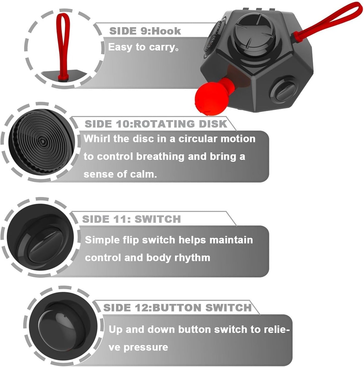 Fidget Toys Cube Relieve Stress Anti Anxious Depression 12-Sided Cube for Children and Adults with ADHD ADD OCD Autism Creative Toy (Black Red-A4)