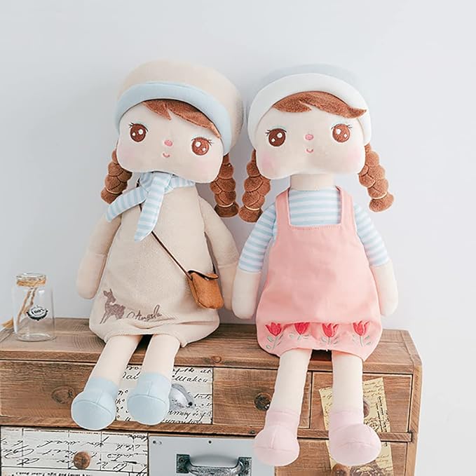 16" Exclusive New MeToo Princess Doll, Cute Pigtail-Girl with a Hat Plush Doll, Soft Dolls Baby Doll Girl Gifts, Non-Toxic Soft Skin-Friendly PP Cotton Plush Stuffed Angela Doll (Khaki)