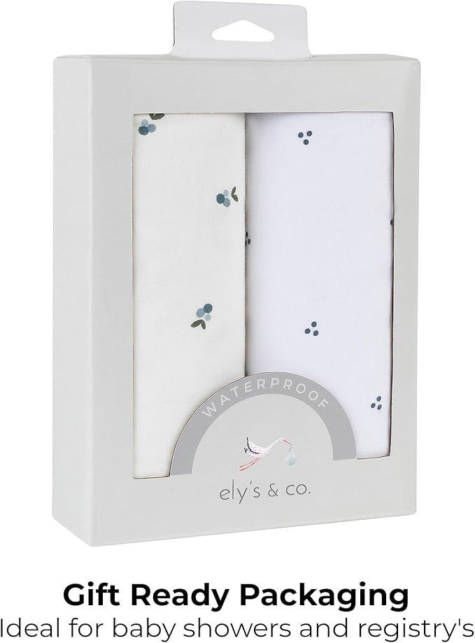 Ely's & Co. Patent Pending Waterproof Crib Sheets, 100% Cotton with Waterproof Lining - Built in Mattress Protector, 2 Pack Fitted Crib Sheet Set, Berry and Cluster Dot (Blue) 28” x 52”