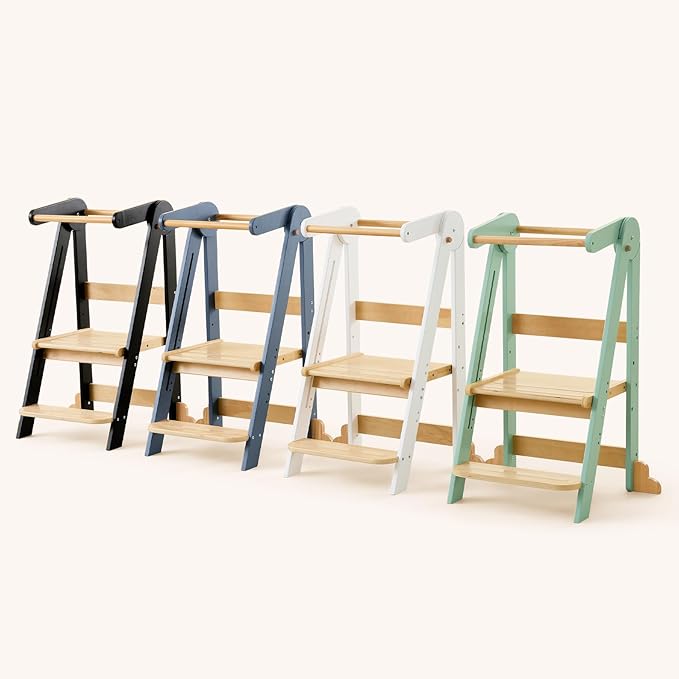 Nordi Foldable Toddler Kitchen Tower, Montessori Kitchen Stools Helper, Standing Tower with 3 Adjustable Heights, Suitable Age for 2-6 Years, Sage