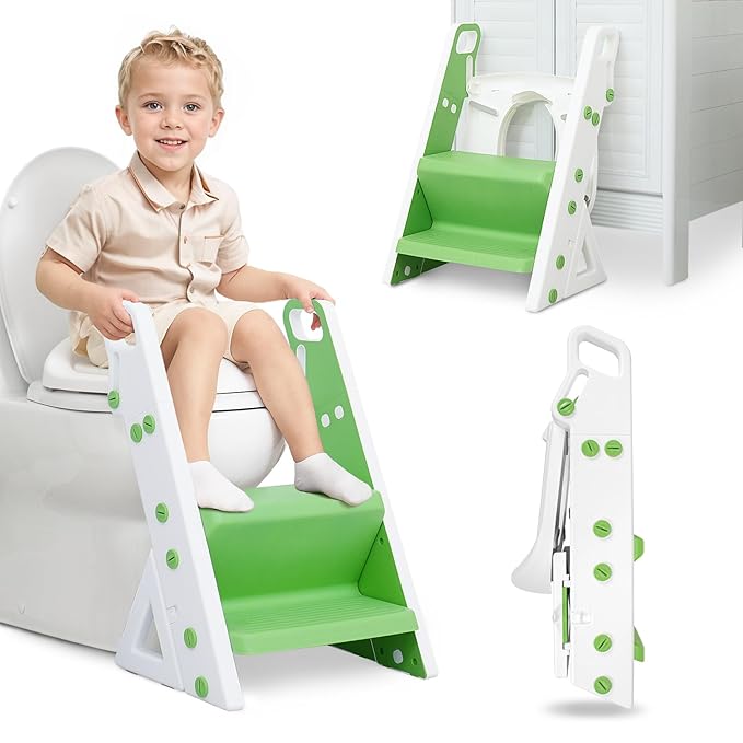 Easy Storage Potty Training Seat with Ladder, Adjustable Step and Toilet Seat Height, Easy-Grip Handles for Climbing, Foldable Portable Toddler Toilet Trainer, Perfect for Small Bathrooms