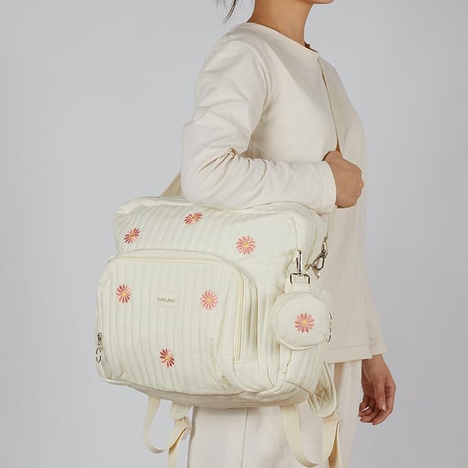 Diaper Bag Backpack, Medium Maternity baby bag & Changing Pad, Insulated Pockets, Stroller Straps & Pacifier Case (Medium - Beige Flowers)