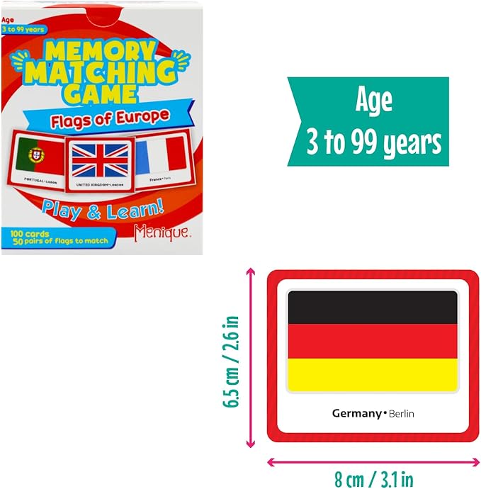 Menique Flags of Europe Memory Matching Game – 100 Cards (50 Pairs) with Flag, Country & Capital – Educational Geography Game for Kids and Adults