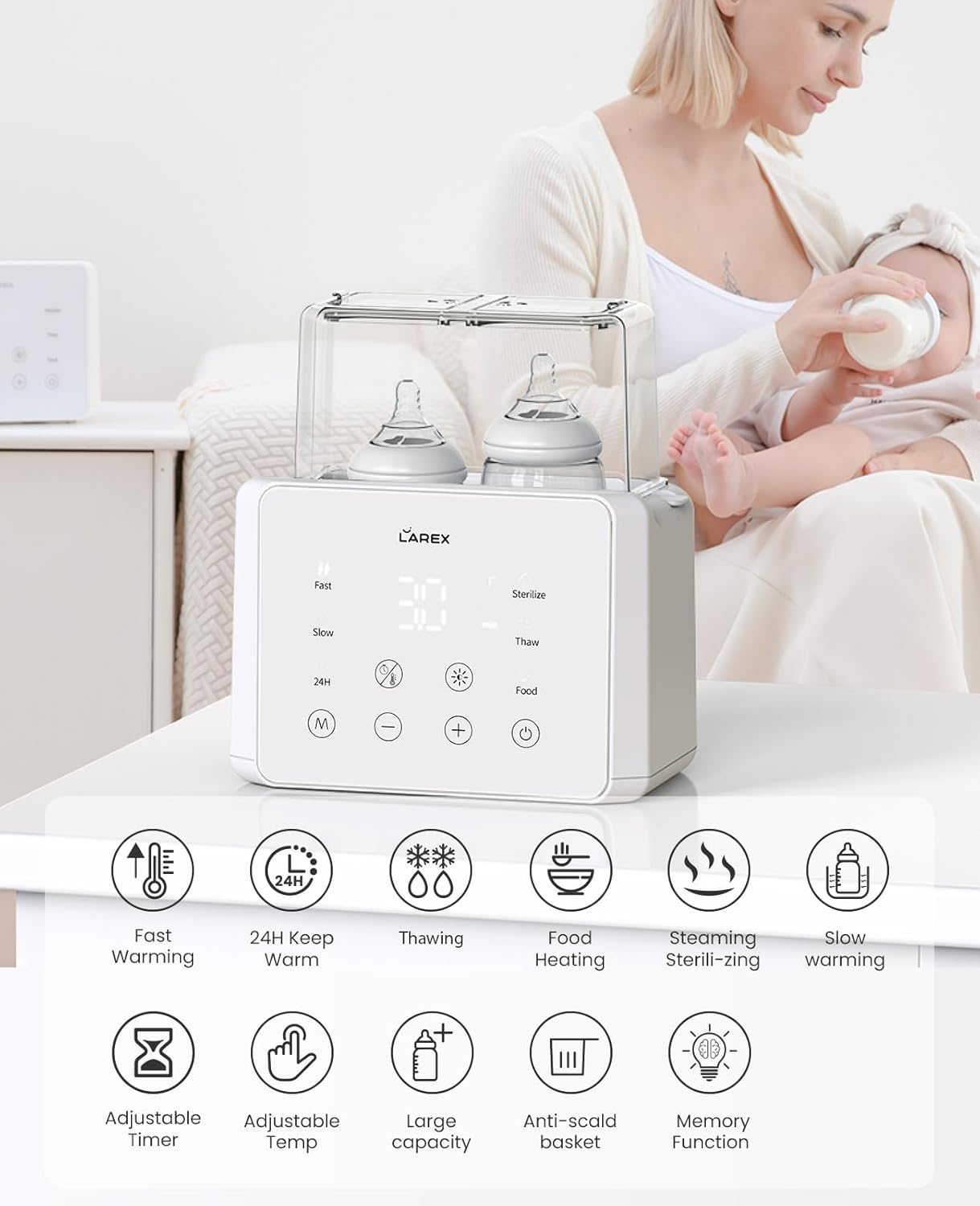 LAREX Double Bottle Warmer, 11-in-1 Fast Baby Bottle Warmer for Breastmilk and Formula, with Timer, Fits 2 Bottles, Accurate Temp Control, Milk Warmer with Thaw, Steri-lizing, Keep Warm, Heat Food
