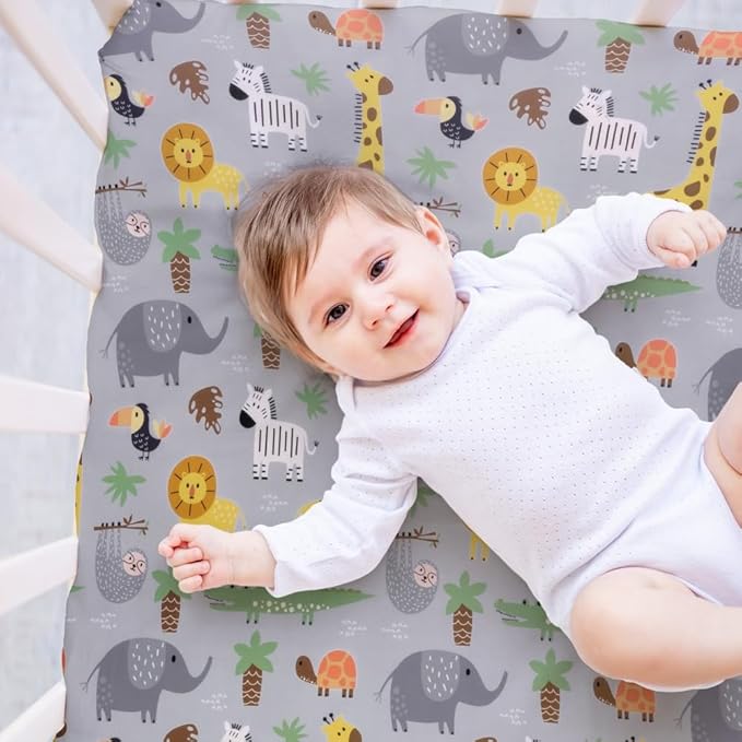 4 Pack Safari Jungle Animals Neutral Unisex Fitted Nursery Baby Sheets Set Toddler Mattress Sheets for Baby Boys or Girls (Pack N Play Sheets)
