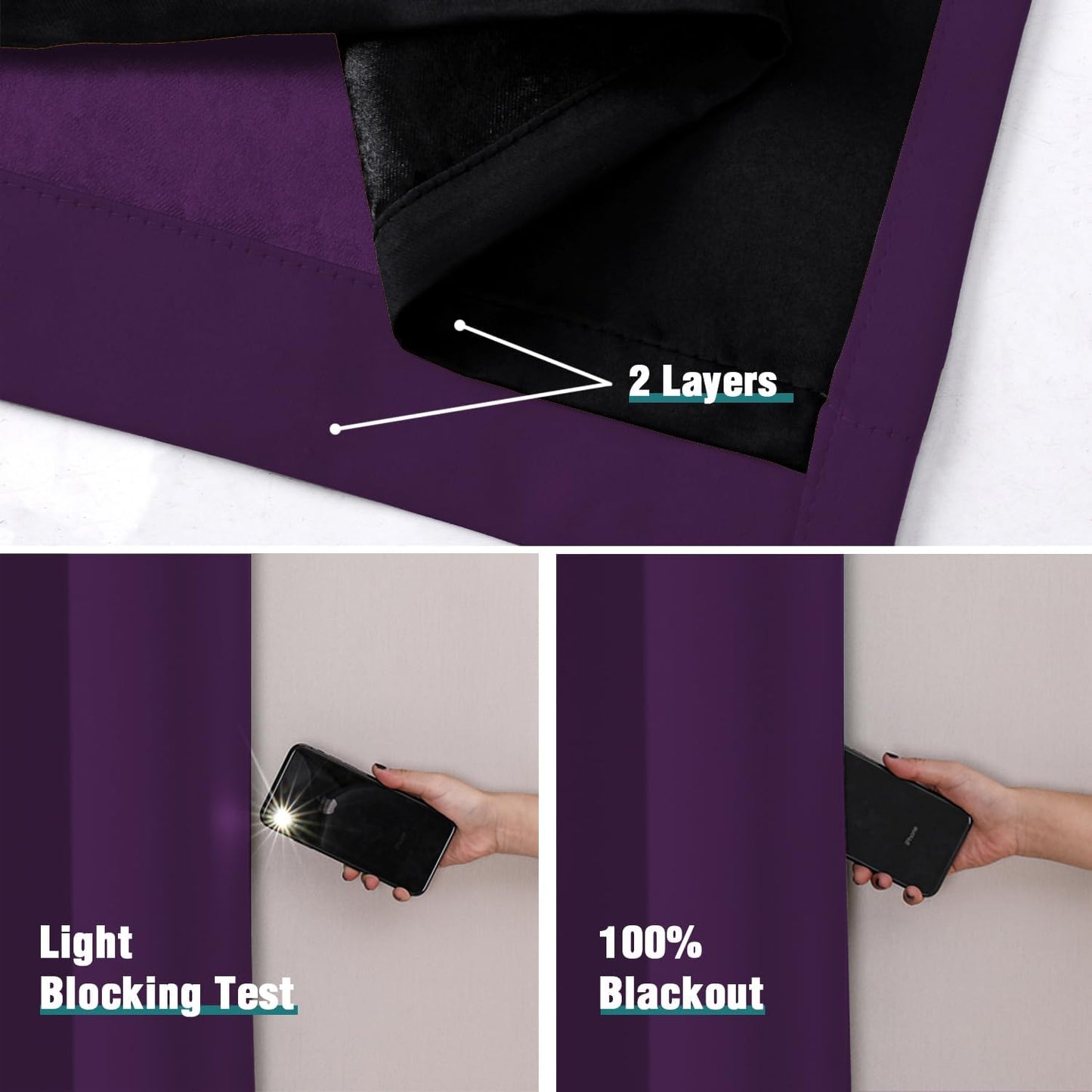 ChrisDowa 100% Blackout Curtains 90 inch Long for Bedroom with Black Liner, 2 Thick Layers Total Blackout Thermal Insulated Grommet Long Window Curtains 2 Panels Set (Royal Purple, 52 x 90 Inch)