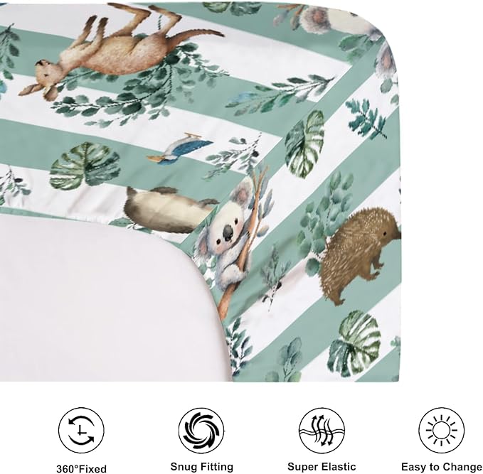 Baby Australian Animals Fitted Baby Crib Sheet for Boy Girl 52"x28" Cute Koala Green Tropical Leaves Crib Mattress Cover Baby Animals Stripes Soft Baby Sheet for Standard Crib & Toddler Bed Mattress