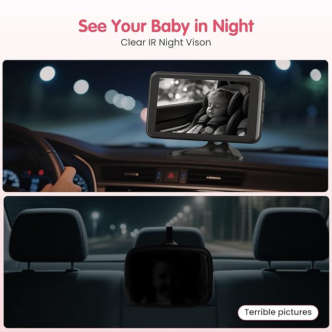 BM2A Baby Car Camera, 3X Zoom & 5.2" 1080P Display for Rear-Facing Car Seats, IR Night Vision, Easy No-Damage Instal – Ideal Car Baby Camera for Parents and Pet Owners