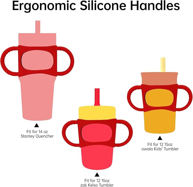NiHome Tumbler Grip Compatible with 14oz Stanley Quencher, Fit for 12 15oz Zak Owala kids Cups Accessories Handle, Silicone Dual-Handle Tumbler Handles for Home Travel Outdoors Daily Use (2PCS,Red)
