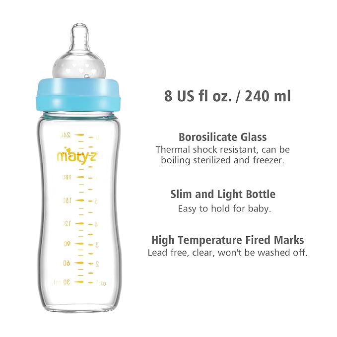 Matyz Glass Breastmilk Baby Feeding Bottle with Nipple, 4 Pack, 8 oz Slim and Light Bottle Easy to Hold, Food Grade Borosilicate Glass, Wide Neck Easy to Clean, No BPA (Blue Lids)