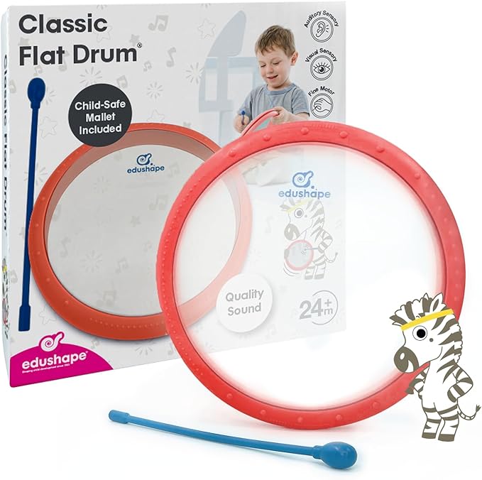 Edushape Classic Flat Drum for Baby with Easy-Grip Mallet - Set of 1 Red Color Baby Drum Toy for Toddlers, 2-Year Old and Up - Small Drums Musical Toy for Babies, Fun Tummy Time, Sensory Development