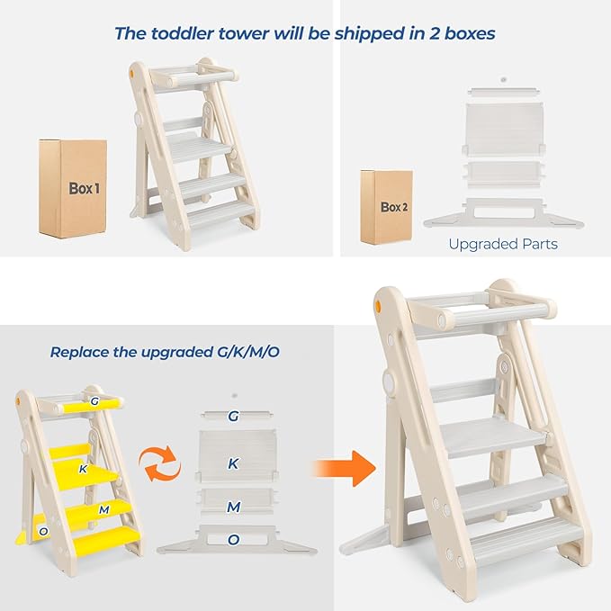 Onasti Toddler Tower Kitchen Stool Helper, Foldable & Adjustable Height Kids Learning Stool for Kitchen Counter Bathroom Sink, Child Ladder for Toddlers with Handles, Safty Rail, Non-Slip Pads-Grey