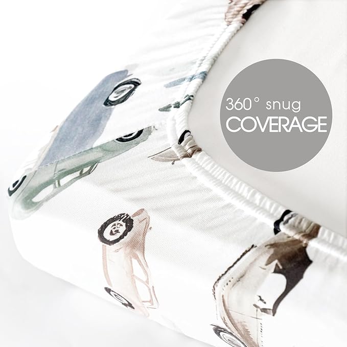 GRSSDER Pack n Play Sheets Fitted 3 Pack, Stretchy Ultra Soft Jersey Knit Pack and Play Sheets, Universal Fitted Portable/Mini Crib Mattresses Snug and Safe, Neutral Pattern of Cars Print