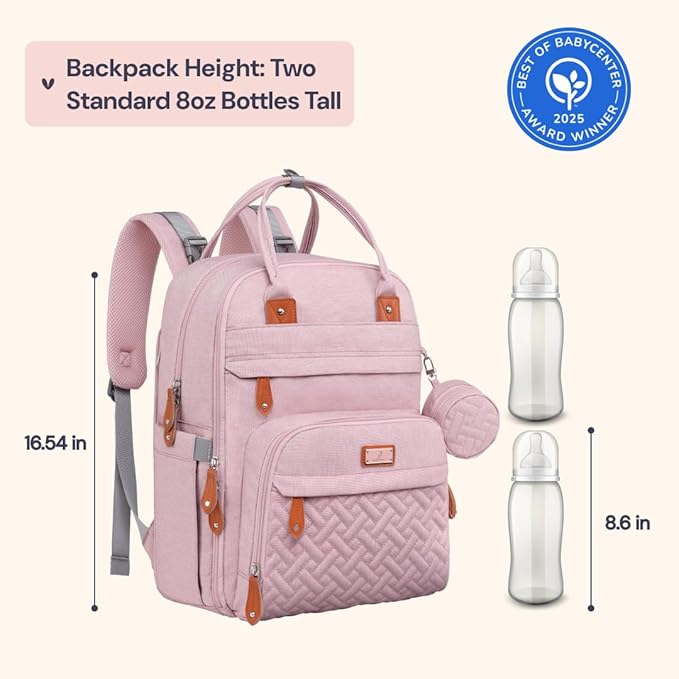 BabbleRoo Diaper Bag Backpack - Baby Essentials Travel Tote - Multi function Water Resistant Diaper Bag, Travel Essentials Baby Bag with Changing Pad, Stroller Straps & Pacifier Case - Unisex, Pink
