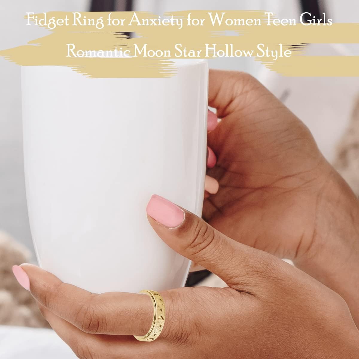 Anxiety Ring for Women Men, Titanium Stainless Steel Spinner Ring, 5 Colors, 6MM, Size 6-10, 3 Styles Anxiety Ring-Moon Star, Sandblasted Finished, Hollow Outer