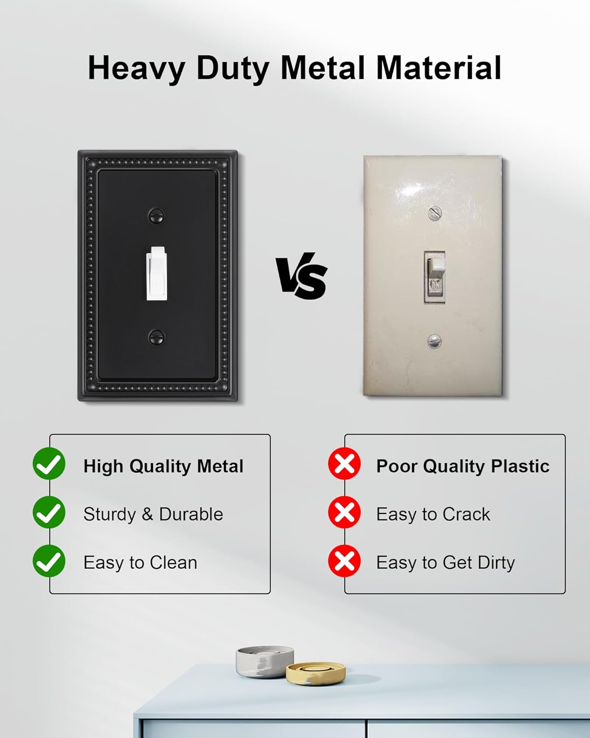 2-Pack Single Toggle Light Switch Cover Plate, Pearls Decorative Switch Plate Covers, Black 1 Gang Metal Wall Plate, Corrosion Resistant