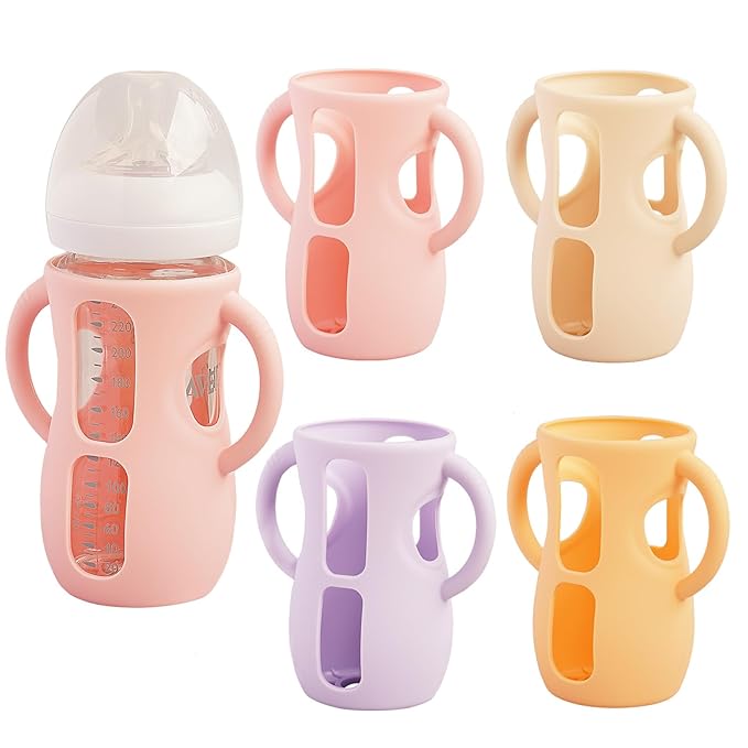 4 Pack Silicone Sleeves for Avent Natural Glass Baby Bottles, Anti Breakage Bottle Holder, Compatible with Philips Avent Glass Natural Baby Bottles (Apricot+Pink+Purple+Orange, 8 OZ)