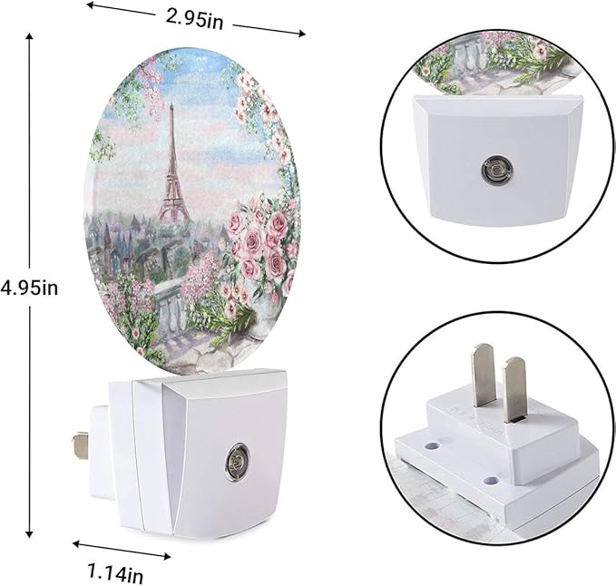 EKOBLA Watercolor Eiffel Tower Night Light Rose Flowers on The Balcony France Paris Landmark Plug-in Nightlights Auto Sensor Plug-in LED Wall Light for Home Bedroom Living Room