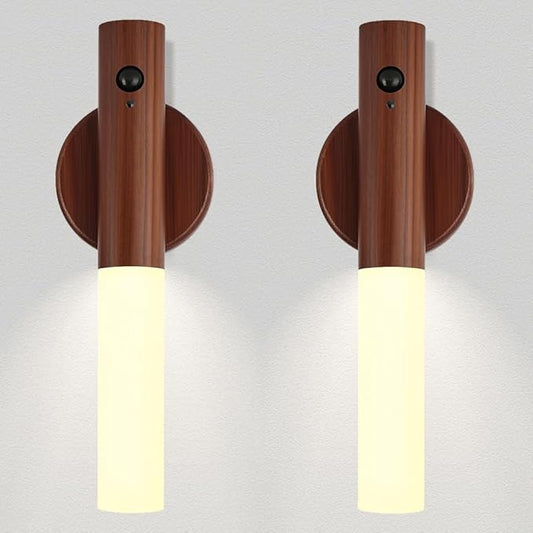 LANDGOO LED Nursery Night Light, Body Motion Sensor Nursing Lamp, Rechargeable Battery Powered Magnetic 360° Portable Lighting for Bedroom Bathroom, Walnut Wood 2Pcs