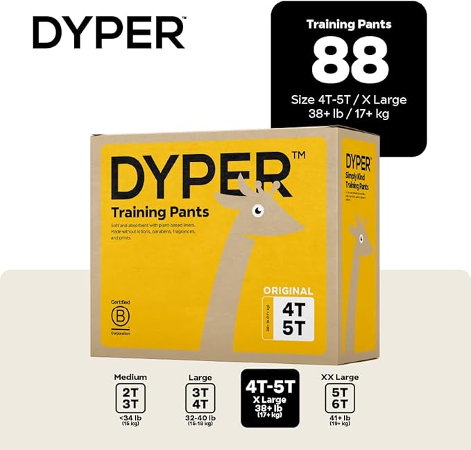 DYPER Toddler Potty Training Pants Girls & Boys Size 4T-5T, Honest Ingredients, Day & Overnight, Made with Plant-Based* Materials, Hypoallergenic for Sensitive Skin, Unscented