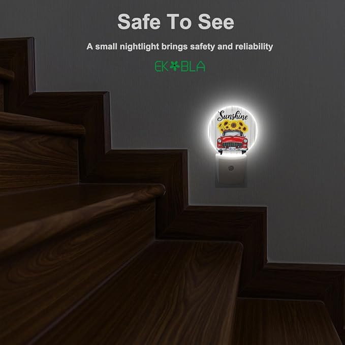 EKOBLA Autumn Harvest Night Light Red Car Truck with Sunflowers Plug in Nightlights Dusk to Dawn Sensor LED Lighting for Bedroom Bathroom Stairway Kitchen Home Decor