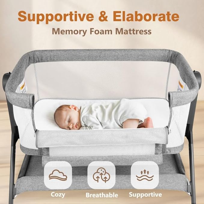 Baby Bassinet Bedside Sleeper, Baby Crib for Infant, 6-Height Adjustable, Rocking Mode with Breathable Mesh & Mattress, Quiet Wheels & Easy Assembly, Stable and Secure Crib for Newborn, Grey