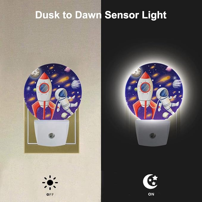 EKOBLA Astronaut and Rocket Night Lights Plug into Wall Outer Space Planets Universe Cartoon LED Dusk to Dawn Plug-in Nightlights Auto Sensor for Home Indoor Teen Boys Bedroom Bathroom