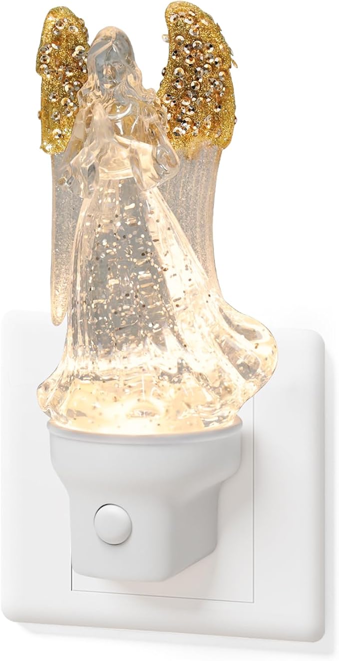 Christmas Angel Night Light Plug into Wall Glitter Water Nightlight with USB/Outlet Options, Christmas Decorative Nightlight for Bedroom Kitchen Nursery Holiday Decorations Gifts (Angel)