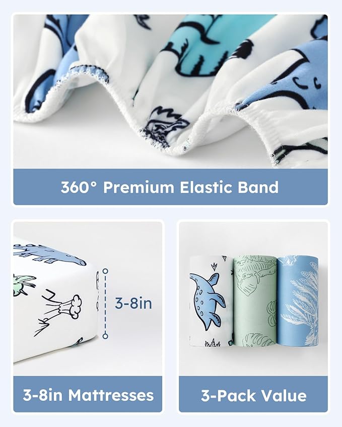 Baby Crib Sheets for Boys Girls, 28x52x8in Fitted Crib Sheet Neutral 3 Pack for Standard Crib and Toddler Mattress, Breathable Soft Microfiber Baby Sheet Green & Blue Dinosaur