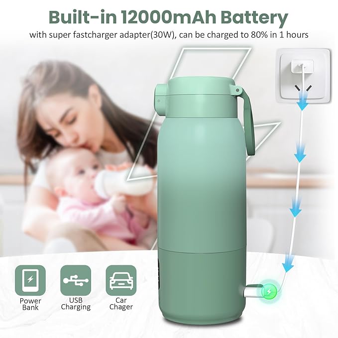 Portable Bottle Warmer for Travel,17oz Portable Milk Warmer for Baby Fast Heating,30W Fast Charge Precise Temperature Control Bottle Warmer On The Go Baby Milk Warmer for Breastmilk & Formula