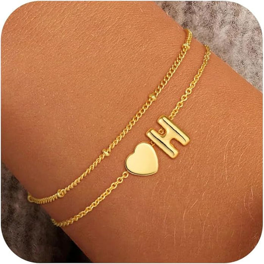Heart Initial Bracelets for Women Girls - 18K Gold Plated A-Z Initial Bracelet Dainty Gold Bracelets for Women Teen Girl Gifts Trendy Stuff
