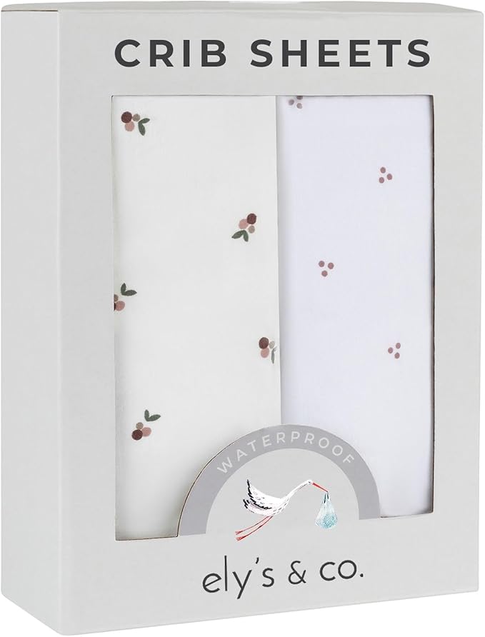 Ely's & Co. Patent Pending Waterproof Crib Sheets, 100% Cotton with Waterproof Lining - Built in Mattress Protector, 2 Pack Fitted Crib Sheet Set, Berry and Cluster Dot (Lavender) 28” x 52”