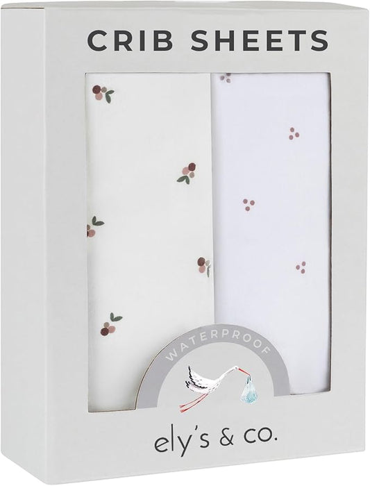 Ely's & Co. Patent Pending Waterproof Crib Sheets, 100% Cotton with Waterproof Lining - Built in Mattress Protector, 2 Pack Fitted Crib Sheet Set, Berry and Cluster Dot (Lavender) 28” x 52”