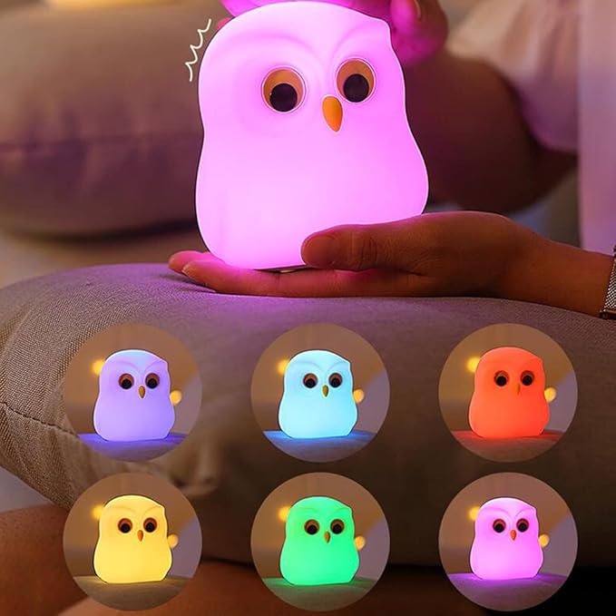 Cute Owl Kids Night Light,USB Rechargeable Cute Animal Lamps,Creative Feeding Light at Night LED Color Changing Soft Silicone Lamp Christmas Bedside Lamp Kawaii Children Room Desk Decor Birthday Gifts