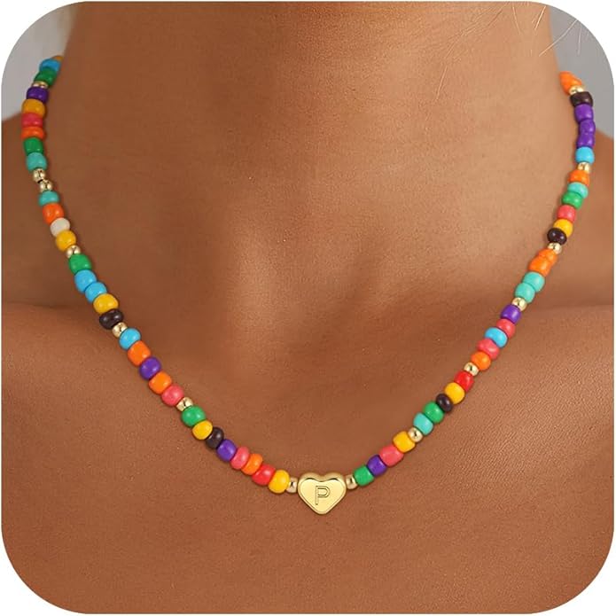 Colorful Heart Initial Necklaces for Girl Kids - 18K Gold Filled Colorful Bead Initial A-Z Letter Necklace Teen Girls Gifts Trendy Stuff Birthday Gifts for 5 6 7 8 9 10 Year Old Girls Gift