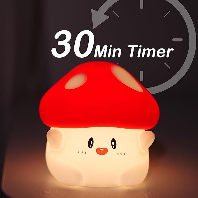 Mushroom Night Light Lamp Silicone Squishy Cute Nursery Nightlight Rechargeable Bedside Lamp with Timer & Tap Control, Christmas Gift